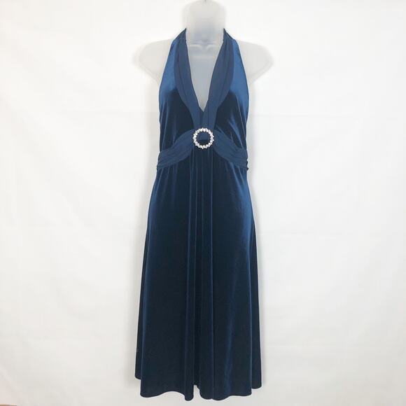 Signature by Robbie Bee Velour Halter Blue Dress Size 6 - Picture 1 of 10
